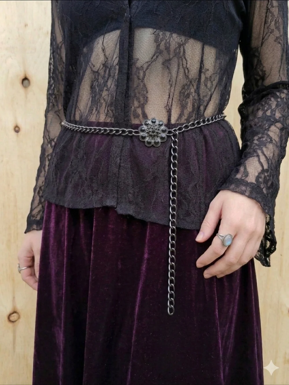 Gunmetal Chain Belt Floral Rhinestone Women OS Adjustable Whimsigoth Y2K Goth